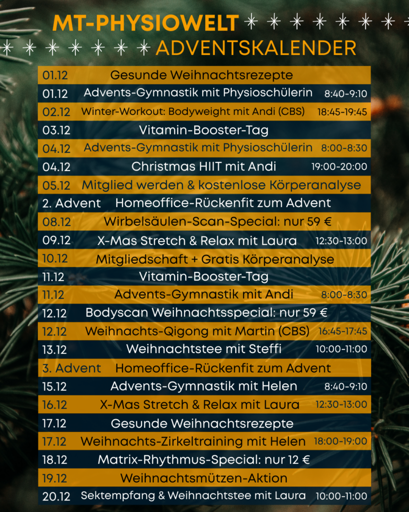 Übersicht Adventskalender Aktionen der MT-Physiowelt für 2025.